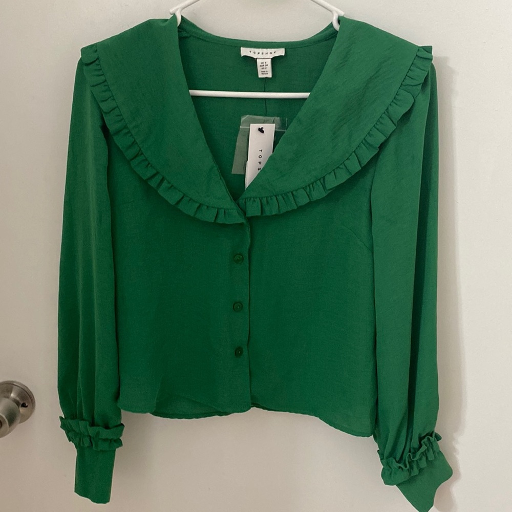 NWT Topshop Frill collar Blouse Green US 2